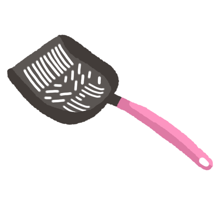 A wide plastic scoop with strainers and a pink handle